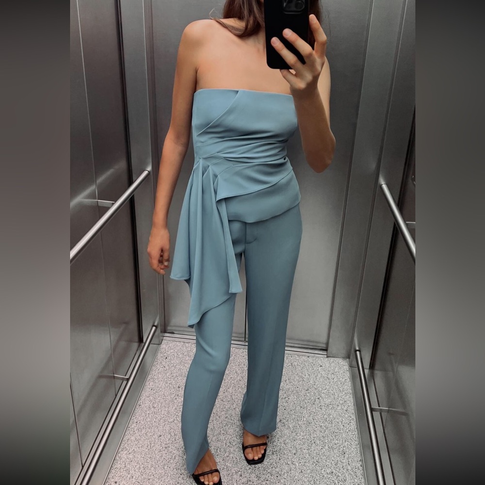 Elegant Blue Strapless matching top and pants bottom ZARA